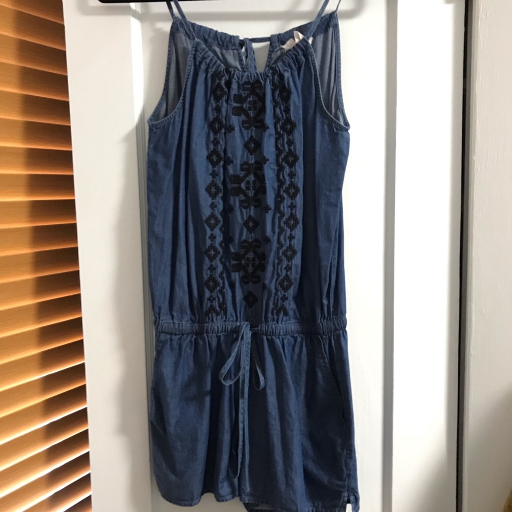 Denim Romper with Embroidered Detail